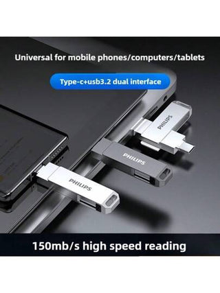 PHILIPS محرك فلاش USB 3.2 نوع C ذو واجهتين سعة تخزين كبيرة وسرعة عالية لاستخدام عام في الهواتف والكمبيوتر