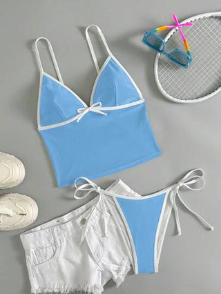 طقم تانكيني حريمي Swim Mod بكيني بقطعتين ذو ملابس علوية علوي خليط ألوان تباين بشكل مثلث وقاع جانبي مربوط بشكل مثلث، لأجازة الربيع، ملابس سباحة بسيطة وجميلة
