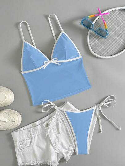 طقم تانكيني حريمي Swim Mod بكيني بقطعتين ذو ملابس علوية علوي خليط ألوان تباين بشكل مثلث وقاع جانبي مربوط بشكل مثلث، لأجازة الربيع، ملابس سباحة بسيطة وجميلة