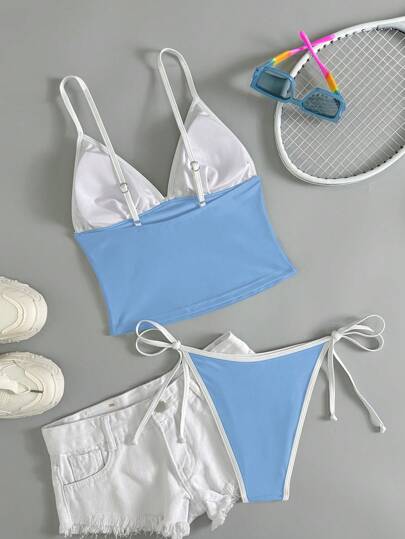 طقم تانكيني حريمي Swim Mod بكيني بقطعتين ذو ملابس علوية علوي خليط ألوان تباين بشكل مثلث وقاع جانبي مربوط بشكل مثلث، لأجازة الربيع، ملابس سباحة بسيطة وجميلة
