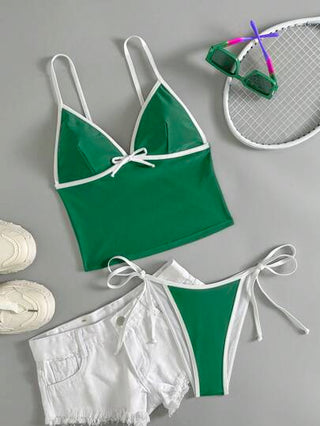 طقم تانكيني حريمي Swim مجموعة 2 قطعة من الكنزة الحمالة متعددة الألوان والجزء السفلي المربوط من الجانبين ذو شكل المثلث ، ملابس للاسترخاء في فصل الربيع