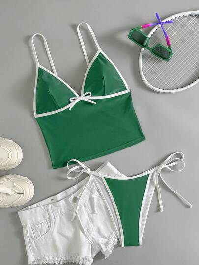 طقم تانكيني حريمي Swim مجموعة 2 قطعة من الكنزة الحمالة متعددة الألوان والجزء السفلي المربوط من الجانبين ذو شكل المثلث ، ملابس للاسترخاء في فصل الربيع