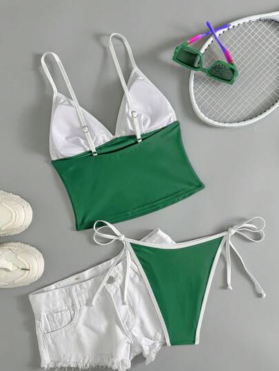 طقم تانكيني حريمي Swim مجموعة 2 قطعة من الكنزة الحمالة متعددة الألوان والجزء السفلي المربوط من الجانبين ذو شكل المثلث ، ملابس للاسترخاء في فصل الربيع