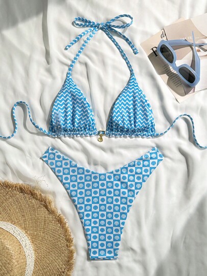 Swim Mod 2 قطعة / مجموعة بيكيني بسترة معدنية ذات نقوش عشوائية لمناسبات الصيف، سرة ثلاثية الأضلاع وسراويل قصيرة جنسية، طقم ملابس سباحة