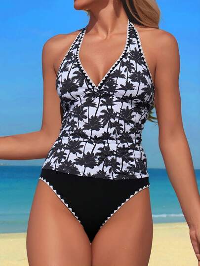 طقم تانكيني حريمي Swim Lushoire مجموعة بيكيني قصيرة الأكمام بنمط شجرة جوز الهند، تنورة ضيقة سوداء مقصبة الجوانب مزينة بأصداف البحر, وحماله سباغيتي معزز، مظهر ناضج
