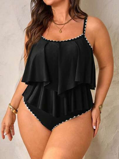 Swim Lushoire مجموعة قطعتين، ملابس علوية رفرفة بحواف وسراويل كشكشة ذو خصر عالي للمرأة ذات الحجم الكبير باللون الأخضر، مناسب للبس في الصيف وعطلات الشاطئ