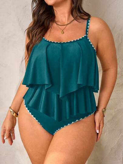 Swim Lushoire مجموعتان من ملابس علوية نسائي مقاس كبير أشرطة سباغيتي أخضر الحاشية مجعدة مزدوجة مع بنطال خصر مرتفع ذو طية مطوية، للعطلات الشاطئية في الصيف
