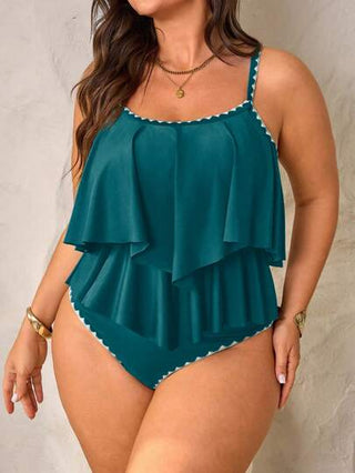 Swim Lushoire مجموعتان من ملابس علوية نسائي مقاس كبير أشرطة سباغيتي أخضر الحاشية مجعدة مزدوجة مع بنطال خصر مرتفع ذو طية مطوية، للعطلات الشاطئية في الصيف