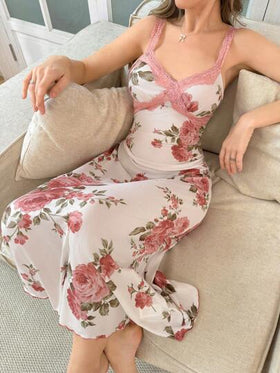 SHEIN ثوب نوم طويل مناسب للنساء بأربطة رفيعة، بطبعات زهرية وتصميم ملائم مع ألوان متباينة من الدانتيل