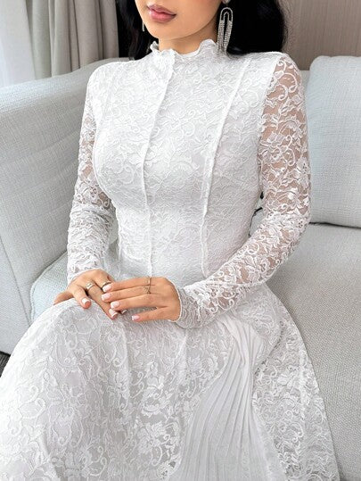 Modelyn فستان نسائي طويل الأكمام أنيق بلون واحد مع تطريز الدانتيل والطيات