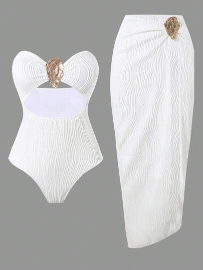 مايوه حريمي قطعة واحدة Swim Oasis مجموعة premium 2 قطعة ملابس سباحة نسائية، بلوزة بانديو ذات نسيج معدني وفوق ركبة ذات نسيج موجي، مناسبة لعطلات الشاطئ الصيفية