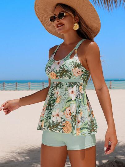 طقم تانكيني حريمي Swim Lushoire سيدات أزياء بدون أكمام مطبوع بطبعة زهرية عشوائية ملابس علوية، بِكِينِي، توب
