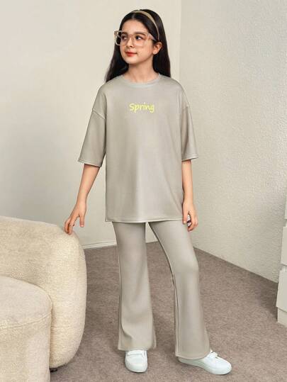 girls-sets طقم بنطال رحب والقميص المنسدل بتصميم مبسط، مريح، ذات فتحة رقبة دائرية وأكمام قصيرة للفتيات المراهقات، موديلين من قطعتين