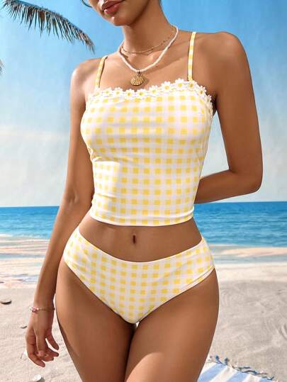 طقم تانكيني حريمي Swim Lushoire 2 قطعة مجموعة سترة عريضة وبيكيني بنقشة الزهور وخطوط شارك لللنساء، ملابس شاطئ جميلة وكاجوال للربيع والصيف، حفلات، شاطئ