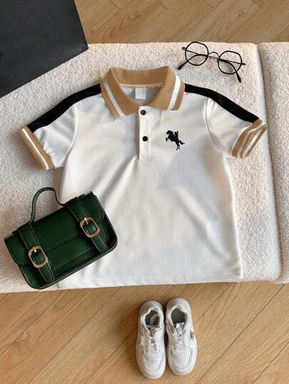 SHEIN قميص بولو كاجوال صيفي مناسب للأولاد، ذو تصميم ملون مريح، مناسب لحفلات عيد الميلاد، والحفلات المسائية، والمناسبات، وحفلات استقبال المولود، وحفلات عيد الميلاد الأول