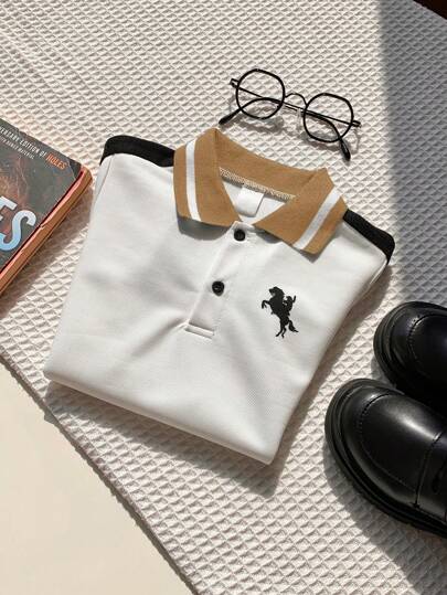 SHEIN قميص بولو كاجوال صيفي مناسب للأولاد، ذو تصميم ملون مريح، مناسب لحفلات عيد الميلاد، والحفلات المسائية، والمناسبات، وحفلات استقبال المولود، وحفلات عيد الميلاد الأول
