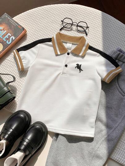SHEIN قميص بولو كاجوال صيفي مناسب للأولاد، ذو تصميم ملون مريح، مناسب لحفلات عيد الميلاد، والحفلات المسائية، والمناسبات، وحفلات استقبال المولود، وحفلات عيد الميلاد الأول