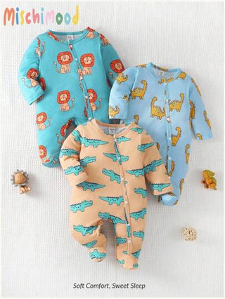 3 قطع حلل قصيرة للأطفال الرضع بطبعات أنيقة لحيوانات الأسد والديناصور والتمساح، كم طويل متكاملة مريحة