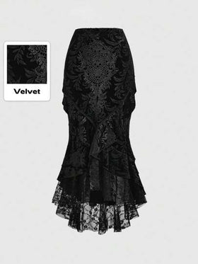 ROMWE Goth تنورة حورية البحر نسائية عالية الخصر مزينة بتطريزات الدانتيل على شكل جمجمة محفورة على القماش المخملي وبحافة من الدانتيل