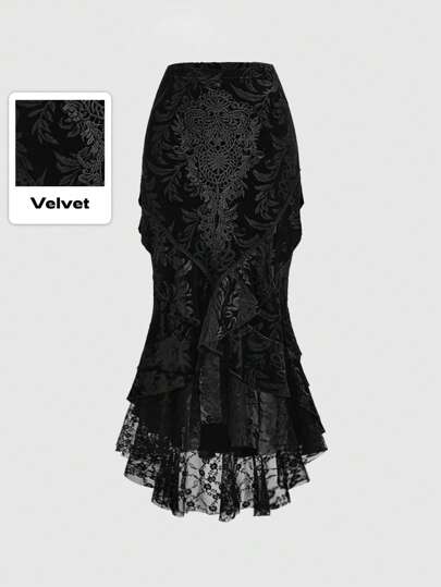 ROMWE Goth تنورة حورية البحر نسائية عالية الخصر مزينة بتطريزات الدانتيل على شكل جمجمة محفورة على القماش المخملي وبحافة من الدانتيل