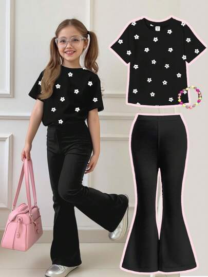 girls-sets مجموعة بنطال وقميص كم قصير 2 قطعة للبنات المراهقات بتصميم بسيط مناسب للصيف