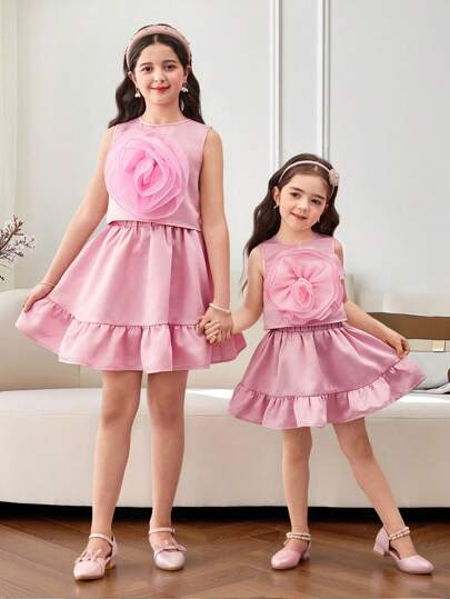 girls-sets طقم ملابس علوية بلا أكمام مزين بالزهور وتنورة ذات خصر مربوط بكشكشة مكونة من قطعتين ، أسلوب أميرة حلو لفتيات المراهقة
