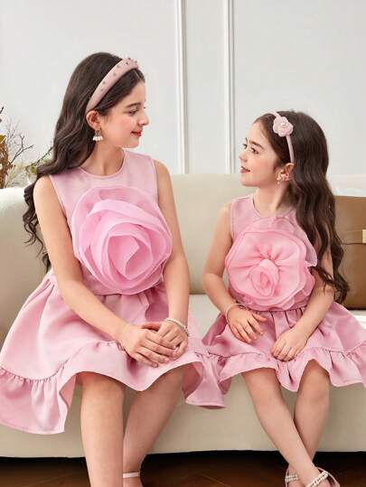 girls-sets طقم ملابس علوية بلا أكمام مزين بالزهور وتنورة ذات خصر مربوط بكشكشة مكونة من قطعتين ، أسلوب أميرة حلو لفتيات المراهقة