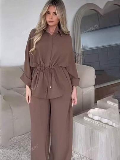 بدلة مكونة من سروال قماشي رياضي بخصر مطاطي مع قميص فضفاض سادة لارتداء اليومي، طقم اثنين قطع للنساء