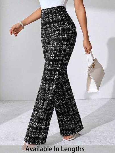 SHEIN Tall CURVE بنطلون نسائي مريح مطاطي مطبوع بنمط المربعات مناسب للمناسبات المختلفة، مناسب للعطلات الصيفية، السفر الأنيق، والتنقل اليومي، وأسلوب العمل الكاجوال، عيد الحب، بنطلون أسود، التنقل اليومي، الربيع