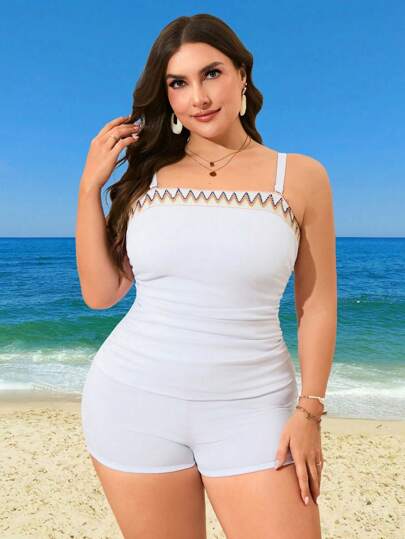 Swim Lushoire كاميسول مكشكش بطبعات هندسية وشورت سباحة للإجازة الصيفية، مجموعة تانكيني بقطعتين للمقاسات الكبيرة