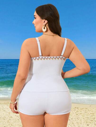 Swim Lushoire كاميسول مكشكش بطبعات هندسية وشورت سباحة للإجازة الصيفية، مجموعة تانكيني بقطعتين للمقاسات الكبيرة