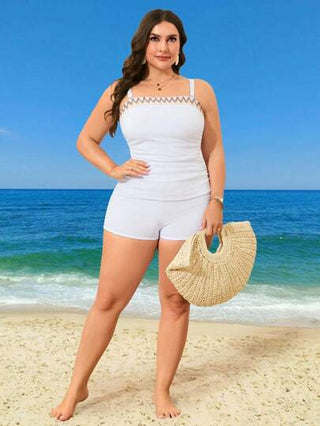 Swim Lushoire كاميسول مكشكش بطبعات هندسية وشورت سباحة للإجازة الصيفية، مجموعة تانكيني بقطعتين للمقاسات الكبيرة