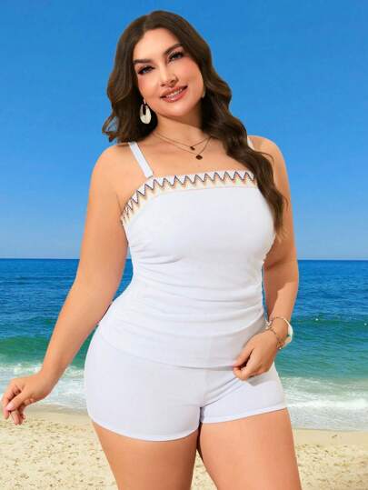 Swim Lushoire كاميسول مكشكش بطبعات هندسية وشورت سباحة للإجازة الصيفية، مجموعة تانكيني بقطعتين للمقاسات الكبيرة