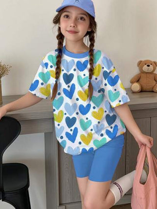 girls-sets طقم تي شيرت قصير الأكمام وشورت مصمم بأسلوب بسيط وعصري للفتيات المراهقات، مناسب للصيف، مكون من قطعتين