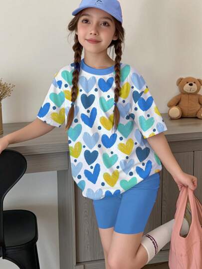 girls-sets طقم تي شيرت قصير الأكمام وشورت مصمم بأسلوب بسيط وعصري للفتيات المراهقات، مناسب للصيف، مكون من قطعتين
