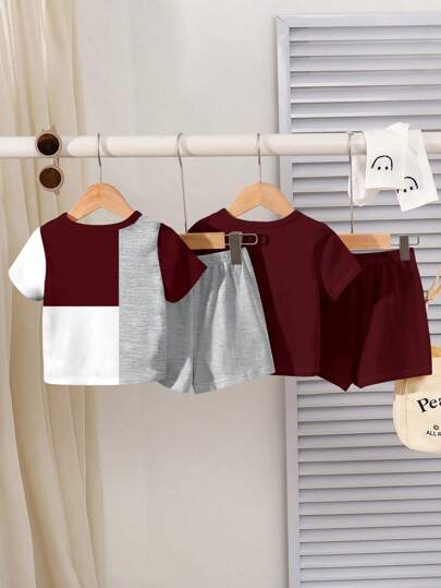 SHEIN مجموعة قميص كم قصير بياقة مستديرة وشورت كاجوال لطفل ولد، مناسبة للصيف، 2 قطعة/طقم