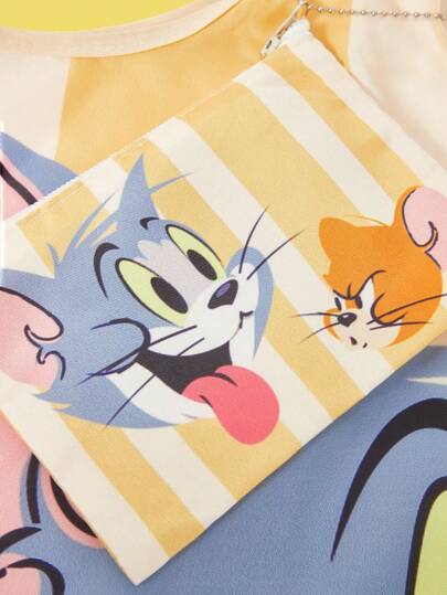 TOM & JERRY X  حقيبة توت سعة كبيرة مطبوع عليها رسوم كرتونية و خطوط متعددة الألوان للنساء