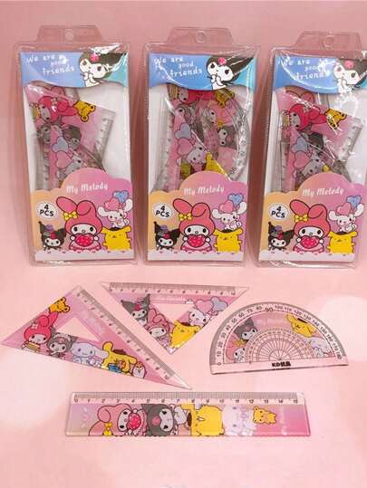 أدوات مكتبية ومدرسية Sanrio 4 قطع/طقم كاريكاتير كورومي وملوديا مجموعة ثلاثية الأبعاد مسطرة هندسية (بعض الأجزاء قد تكون عشوائية)