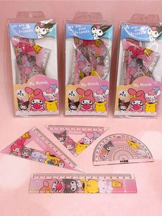 أدوات مكتبية ومدرسية Sanrio 4 قطع/طقم كاريكاتير كورومي وملوديا مجموعة ثلاثية الأبعاد مسطرة هندسية (بعض الأجزاء قد تكون عشوائية)