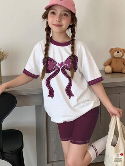 girls-sets مجموعة قميص أكمام قصيرة وشورت كاجوال أساسية مناسبة للفتيات المراهقات 2 قطعة/طقم، مناسبة للصيف