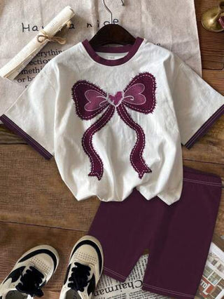 girls-sets مجموعة قميص أكمام قصيرة وشورت كاجوال أساسية مناسبة للفتيات المراهقات 2 قطعة/طقم، مناسبة للصيف