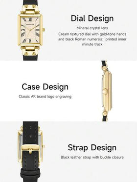 Anne Klein ساعة كوارتز بسوار جلد أسود للنساء، قرص نسيجي كريمي، حالة بلون ذهبي، أنيقة وعصرية، مناسبة كهدية للسيدات، AK/3752CRBK