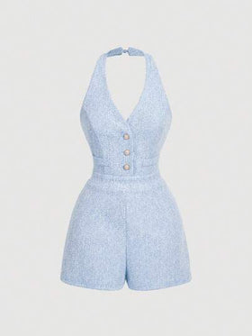 SHEIN MOD أبيض جامب سوت بياقة على شكل حرف V جيد النسيج، أزرار لؤلؤية جامب سوت وردي بدون أكمام