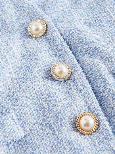 SHEIN MOD أبيض جامب سوت بياقة على شكل حرف V جيد النسيج، أزرار لؤلؤية جامب سوت وردي بدون أكمام