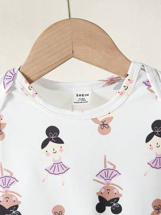 SHEIN ملابس الرقص باليه للرضع من الفتيات، طقم قطعتين بنمط مطبوع، بدلة قفز كم طويل، سلسلة باللون الوردي للارتداء المنزلي