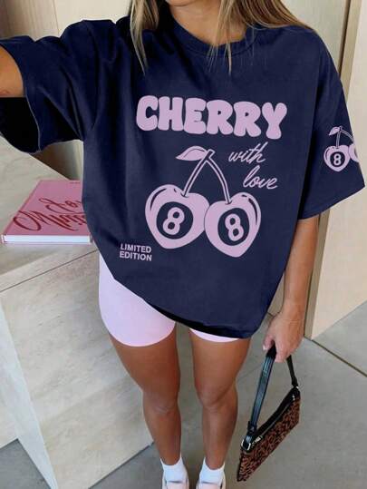 ملابس بناتي ملابس علوية T-shirt قصير الأكمام مطبوع بنمط الكرز للفتيات المراهقات ، قطعة ملابس راحة الطالبات الشبابية ، قمصان صيفية عادية يحبها الفتيات
