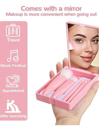 5 قطع طقم فرشاة مكياج محمولة مع حقيبة تجميل، تشمل فرشاة ظلال العيون والأساس والشفاه ومخفي الرؤوس ، أدوات تجميل هدية للنساء