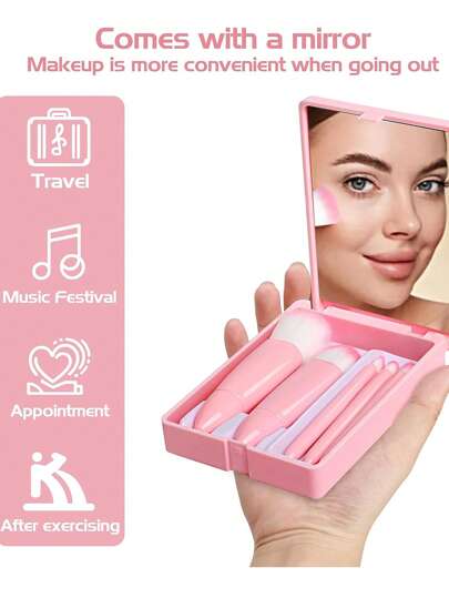 5 قطع طقم فرشاة مكياج محمولة مع حقيبة تجميل، تشمل فرشاة ظلال العيون والأساس والشفاه ومخفي الرؤوس ، أدوات تجميل هدية للنساء