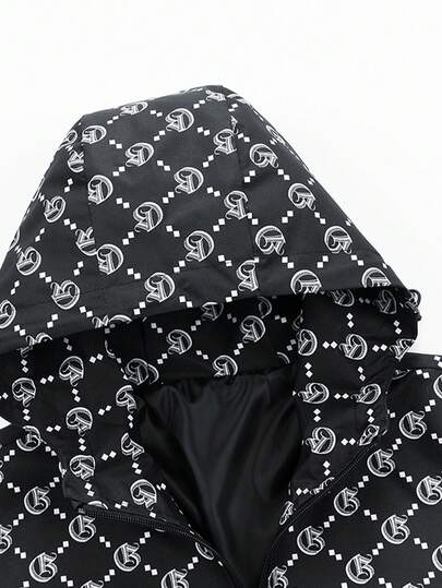 معطف رياح مطبوع بالكامل للرجال، جاكيت بومبر كاجوال ذات قبعة وسحاب للخريف/الربيع للارتداء في الخارج