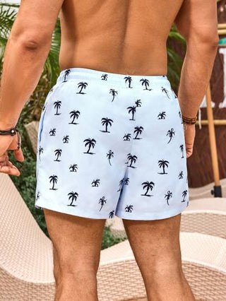 Manfinity Swimmode شورت بطبعة أشجار النخيل وخصر رباط للرجال, بجيب، لحياة الشاطئ، هاواي